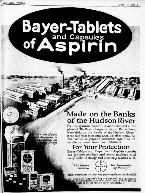 A 1918 advertisement for Bayer Aspirin in the New York Tribune. By this time, the aspirin patent had expired, but Bayer still had control over the Aspirin trademark. References to patriotism were used to sell US Liberty Bonds. Library of Congress/Wikipedia Commons